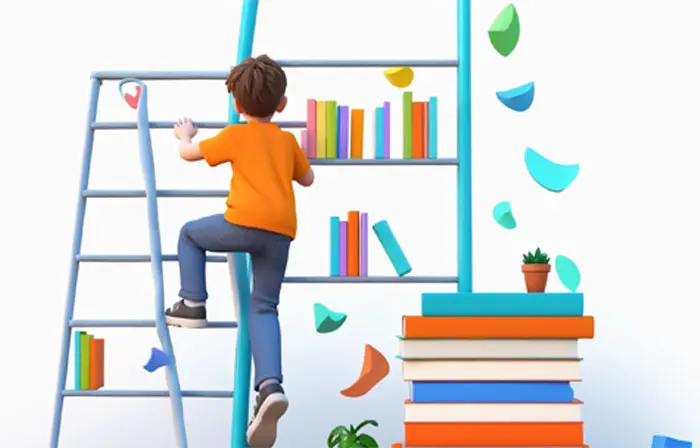 Students Finding Books in Bookshelf 3D Character Design Illustration